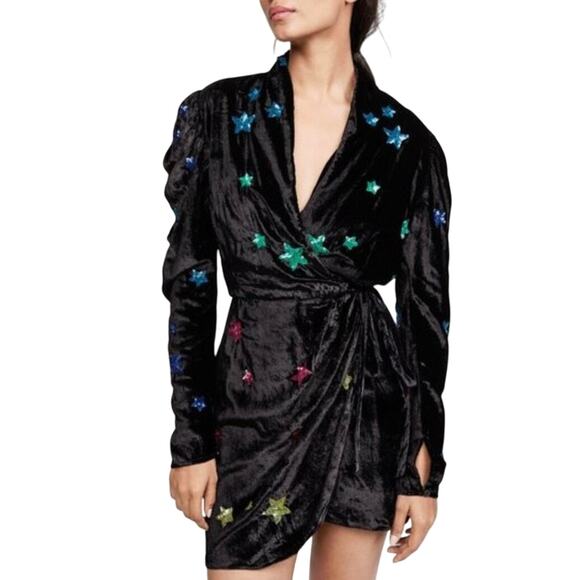 Rococo Sand Amos Black Velvet Sequin Star Wrap Mini Dress Women’s Size Small NWT - Picture 1 of 8